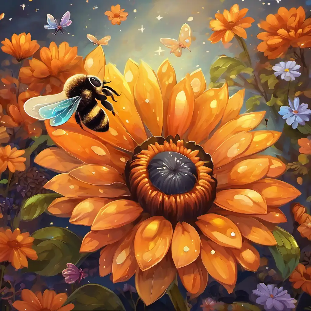 A tiny seed with a big dream, brown color, bright sparkly eyes transforms into a stunning flower, with colorful petals and surrounded by bees and butterflies.