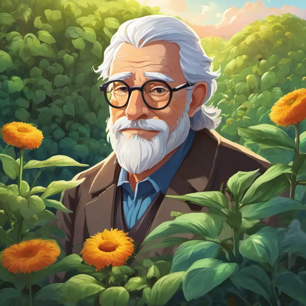 Wise old judge with white hair and glasses, always thoughtful and fair visits the field to investigate. Hardworking man with dark hair and blue eyes, loves gardening's hard work and Kind woman with green eyes and a warm smile, great at taking care of plants's care are highlighted.