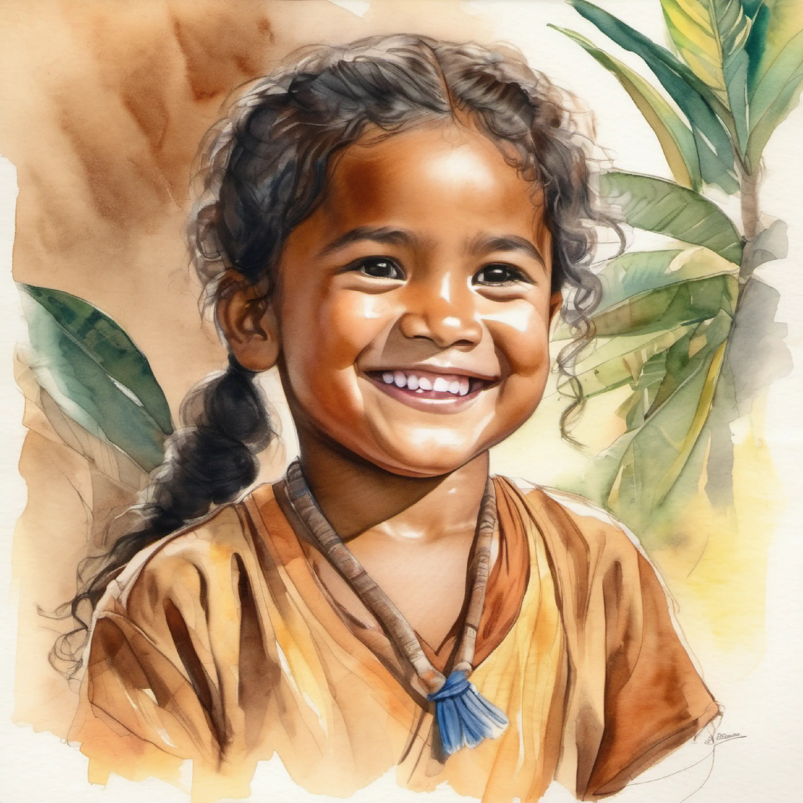 Introduction to Young Samoan child, brown skin, dark eyes, happy smile with Samoan background