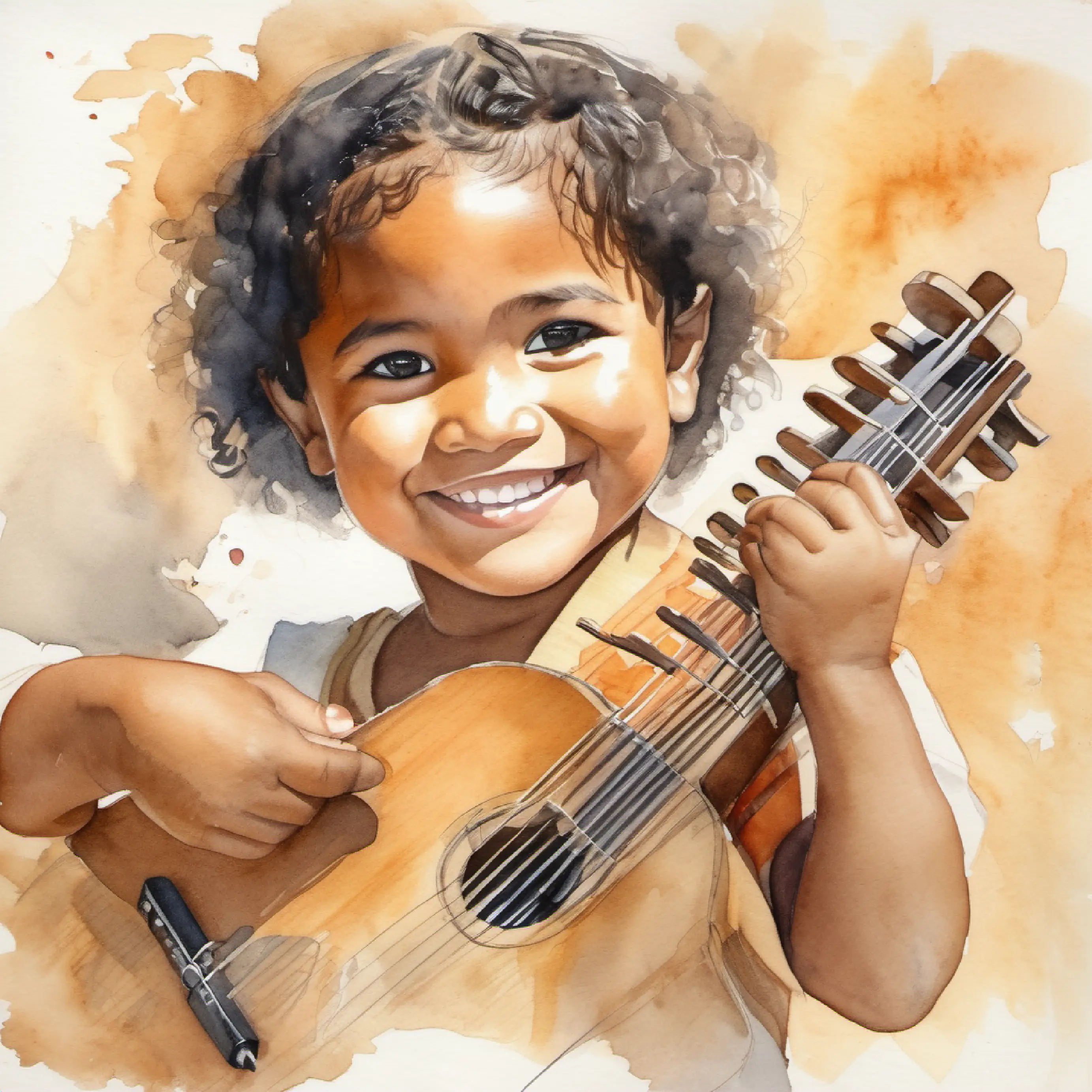 Young Samoan child, brown skin, dark eyes, happy smile's family with musical instruments