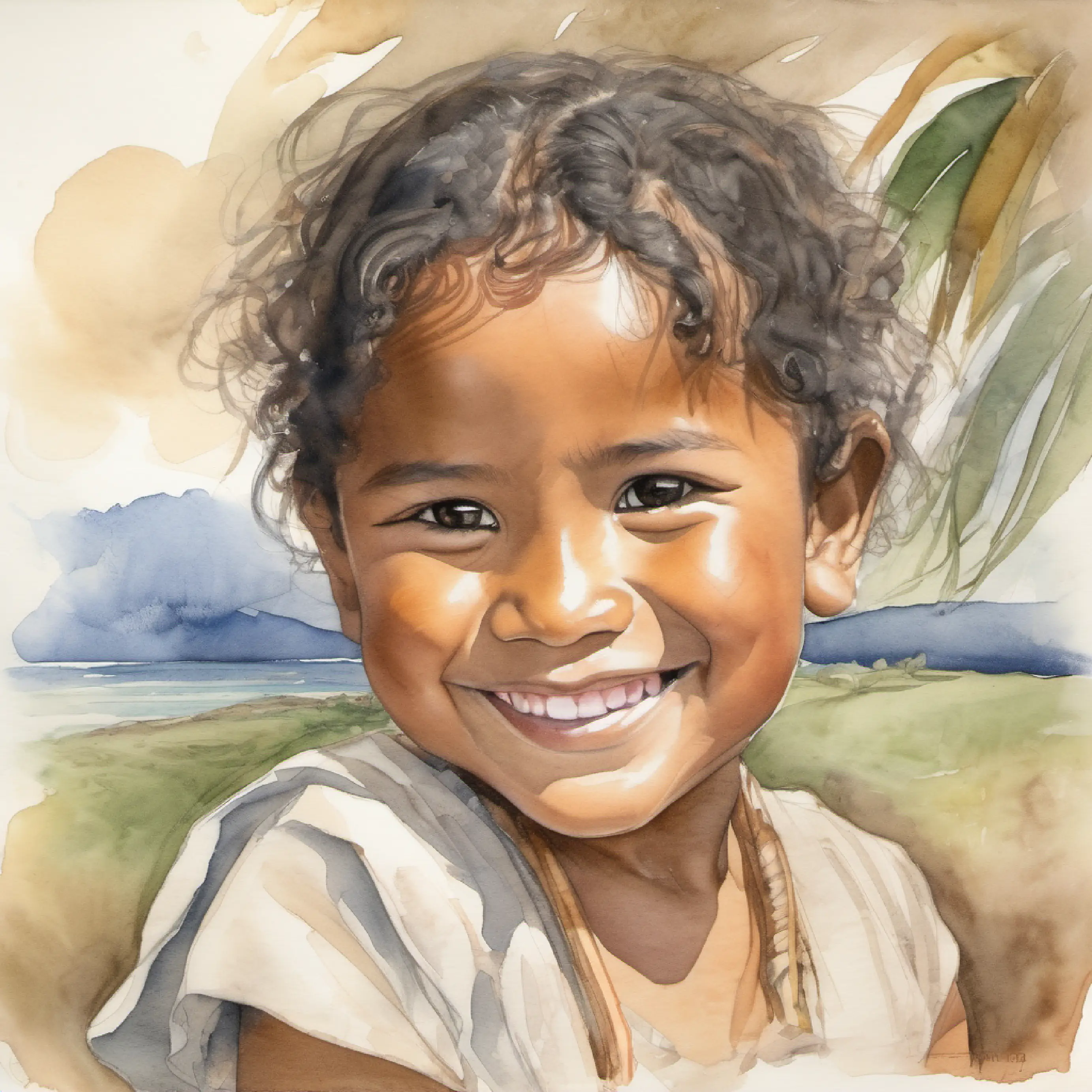 Young Samoan child, brown skin, dark eyes, happy smile greeting with 'Talofa'