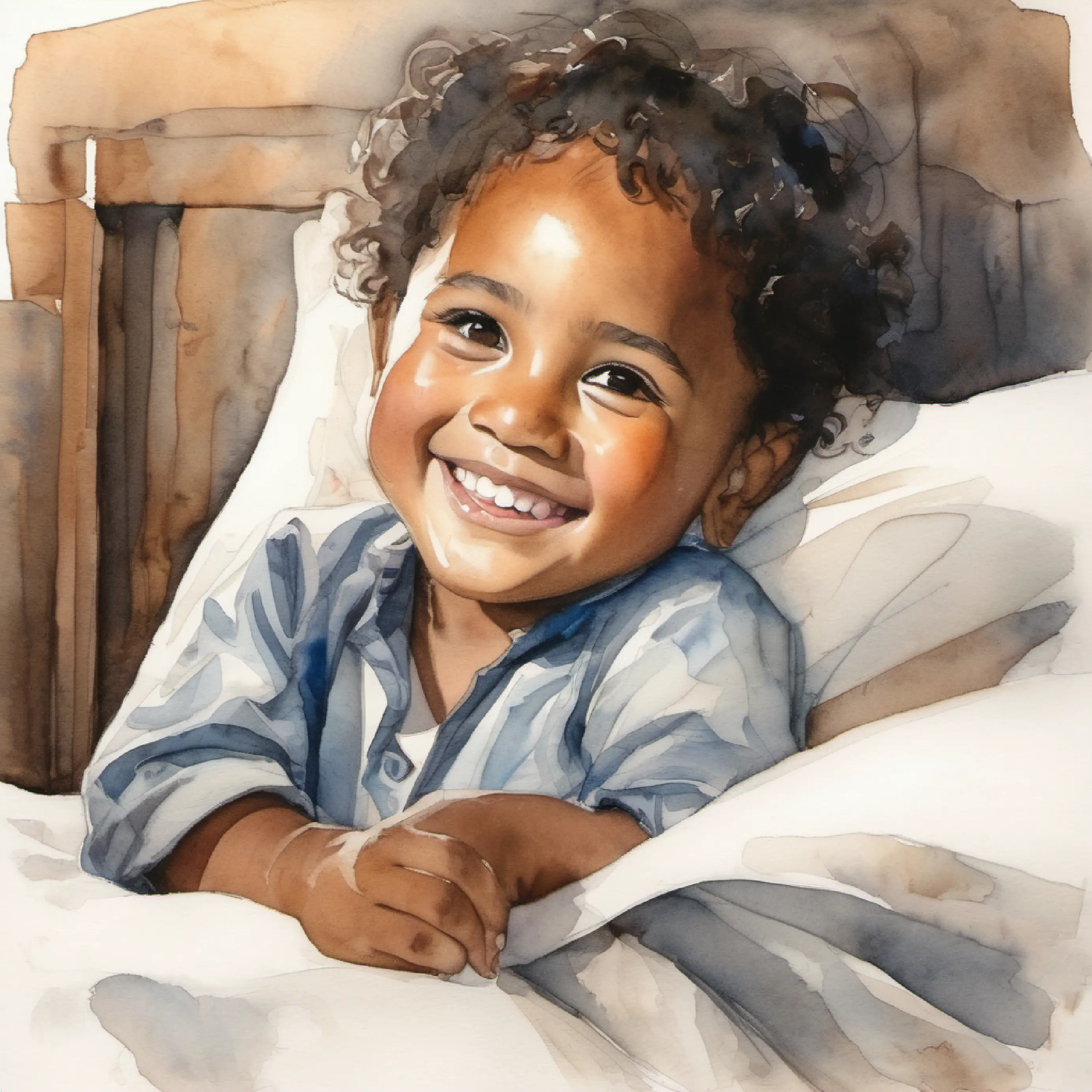 Young Samoan child, brown skin, dark eyes, happy smile in bed, night time