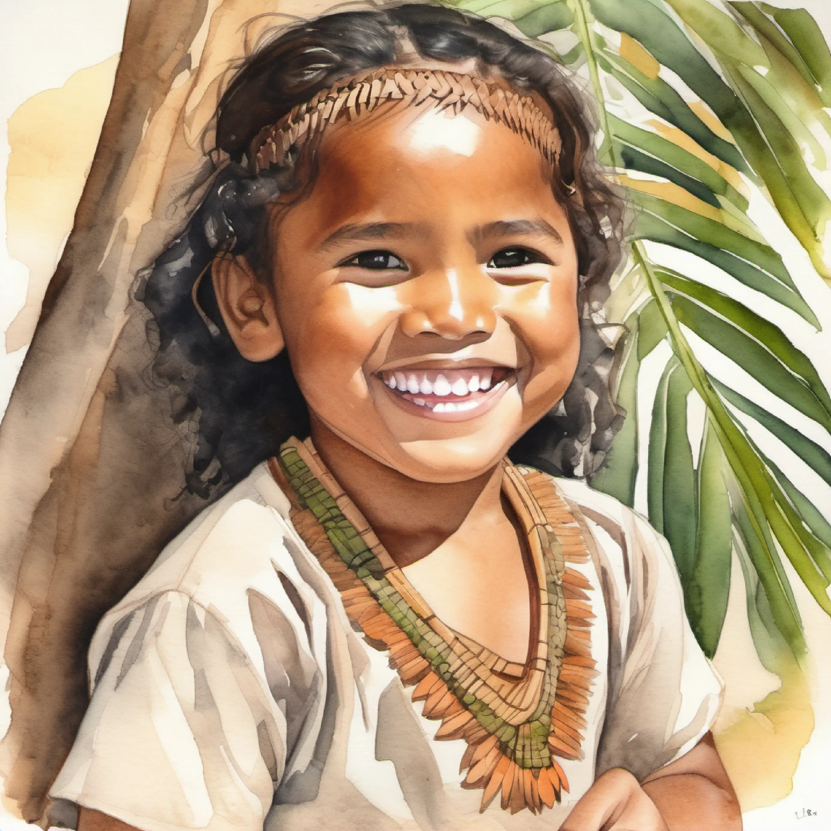 Young Samoan child, brown skin, dark eyes, happy smile wearing a traditional lavalava