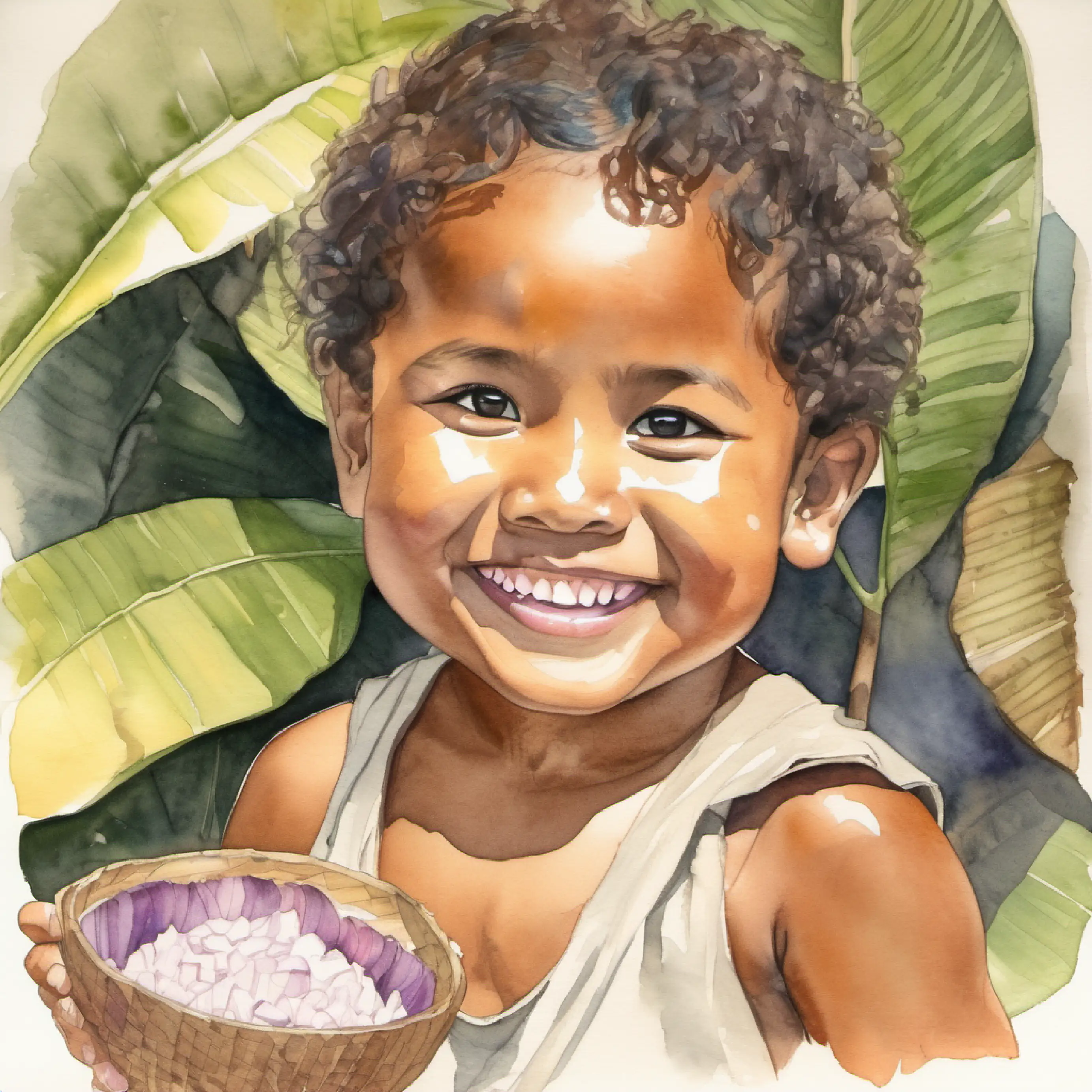 Young Samoan child, brown skin, dark eyes, happy smile eating taro