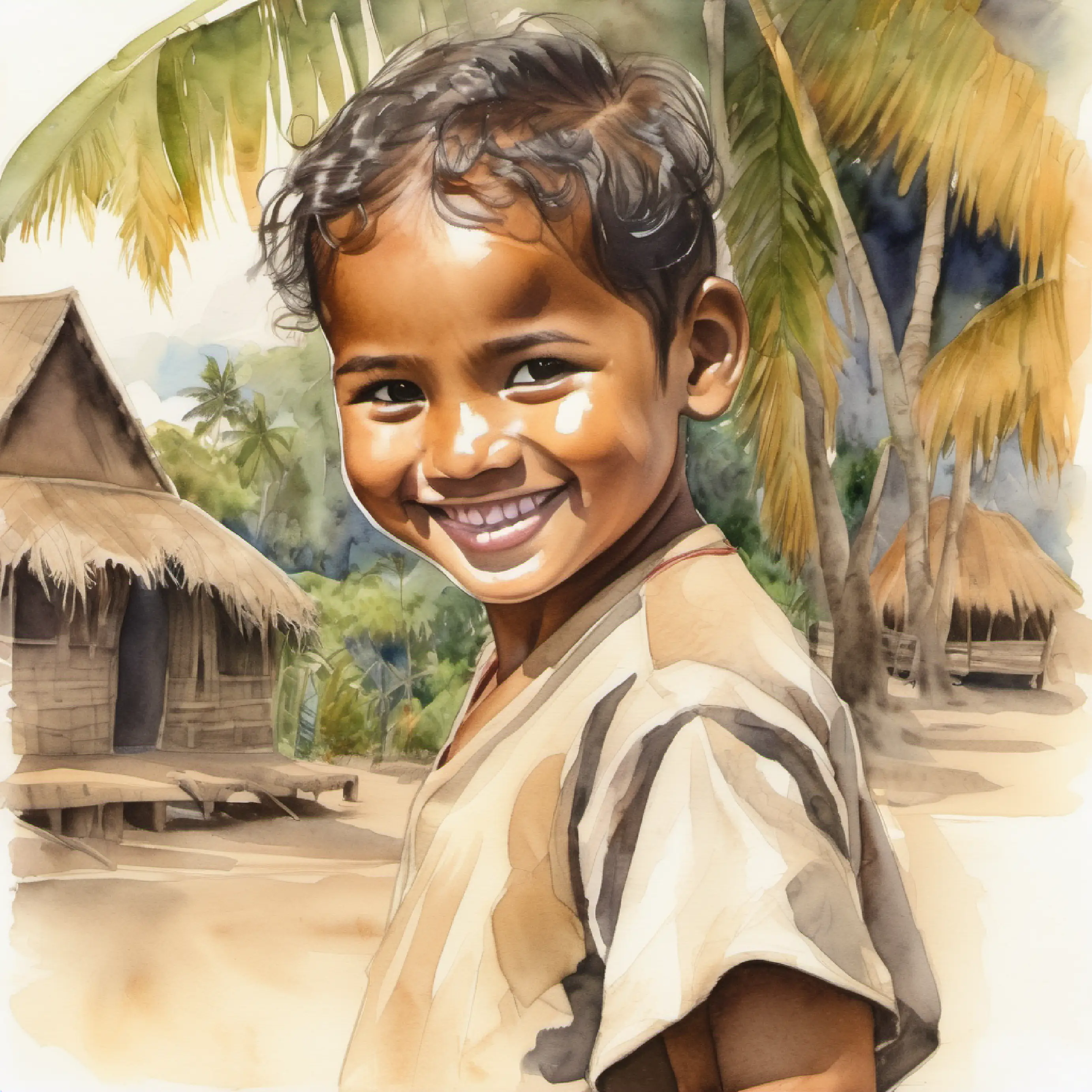 Young Samoan child, brown skin, dark eyes, happy smile walking to a large fale