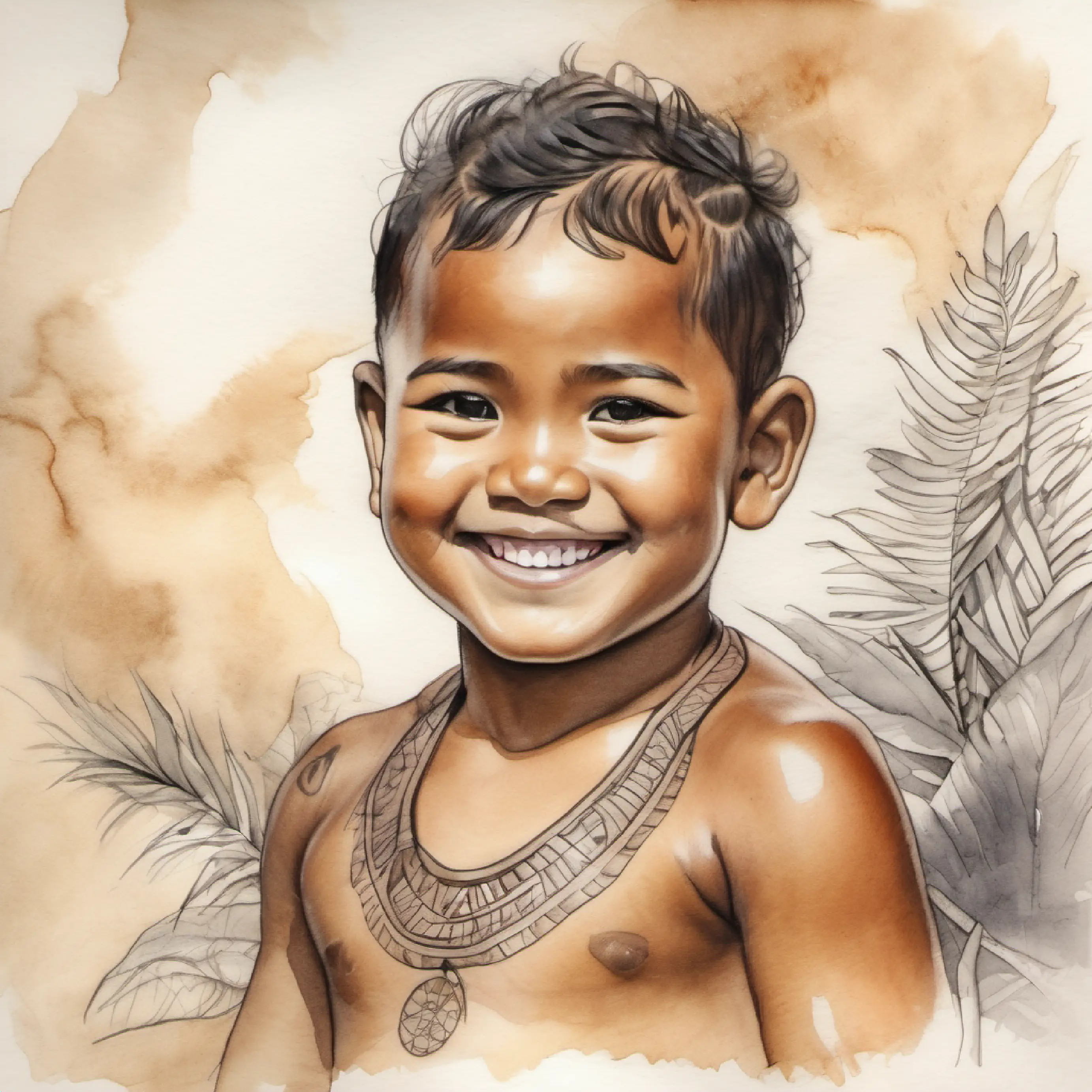 Young Samoan child, brown skin, dark eyes, happy smile looking at a traditional Samoan tattoo