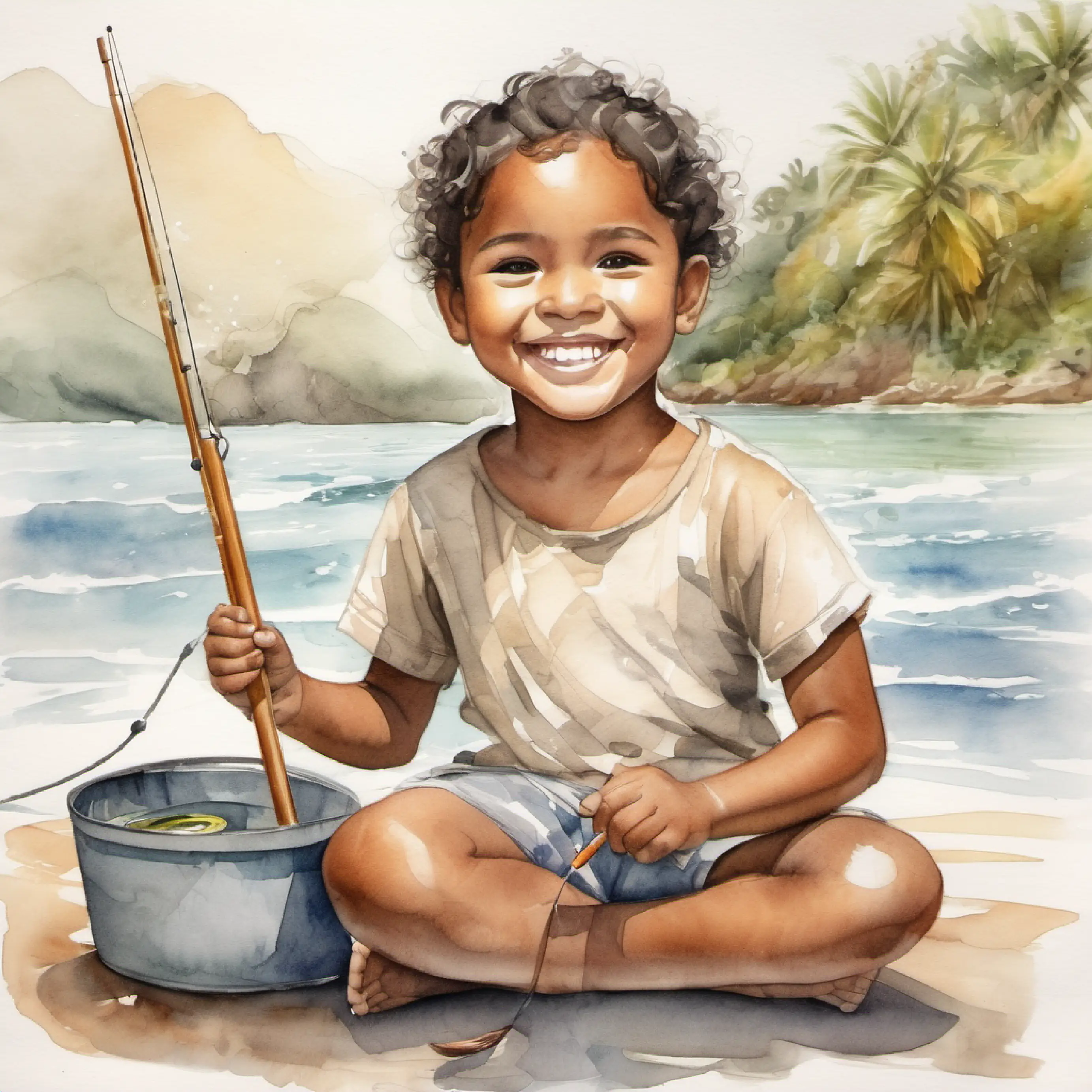 Young Samoan child, brown skin, dark eyes, happy smile fishing in the sea