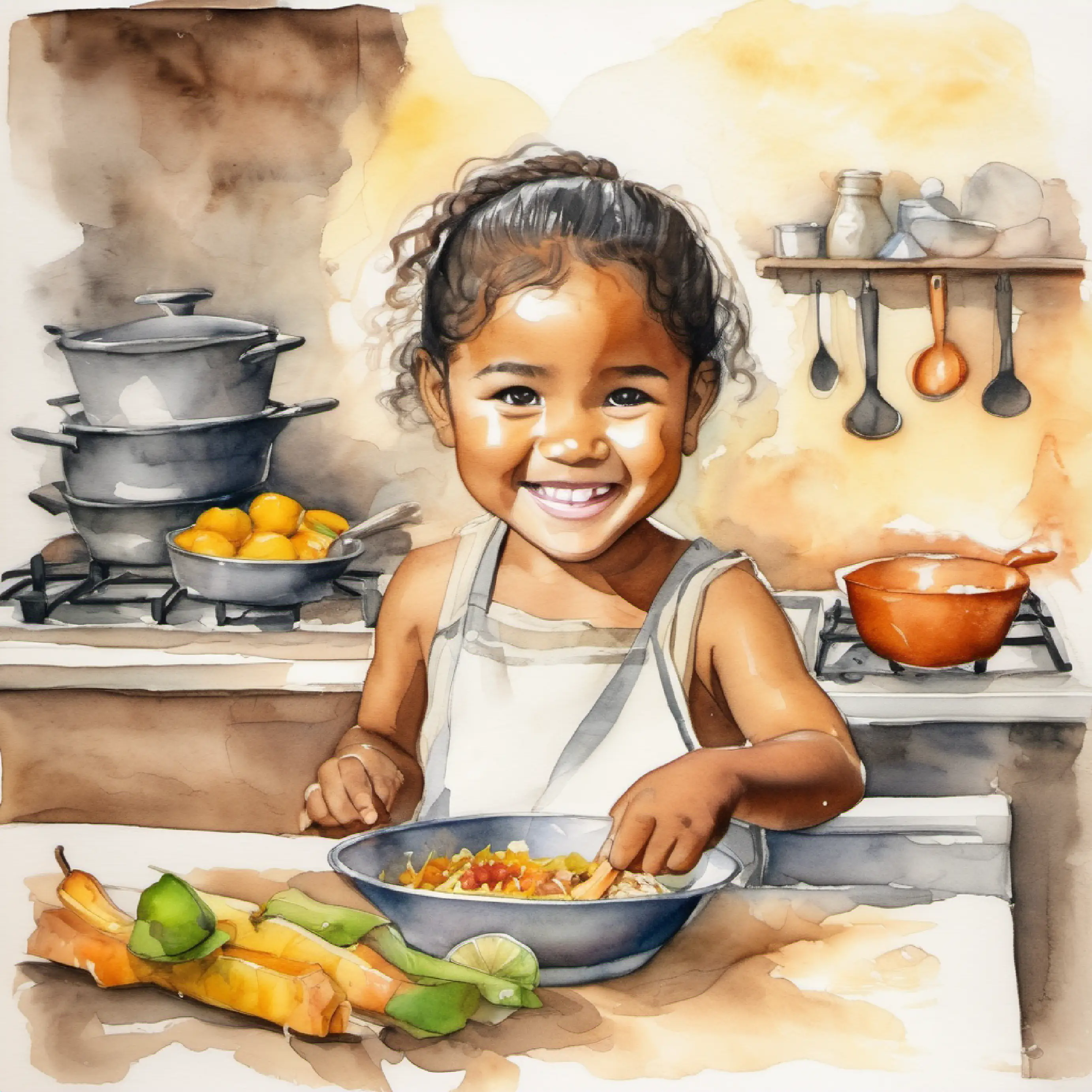 Young Samoan child, brown skin, dark eyes, happy smile helping to cook