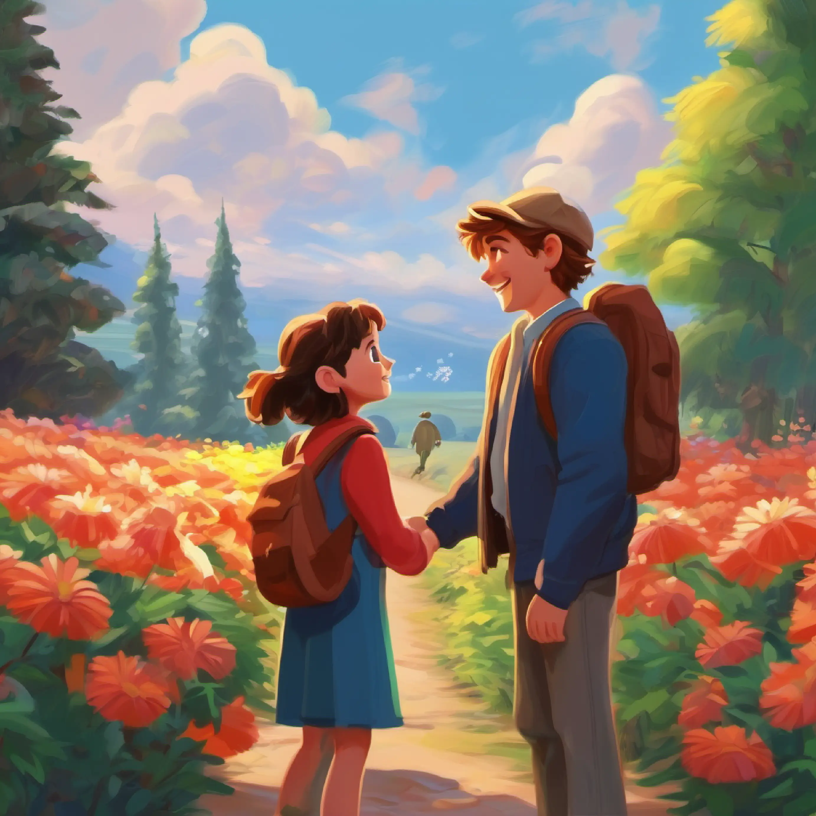 Ellie approaches Sam with a friendly greeting about the flowers.