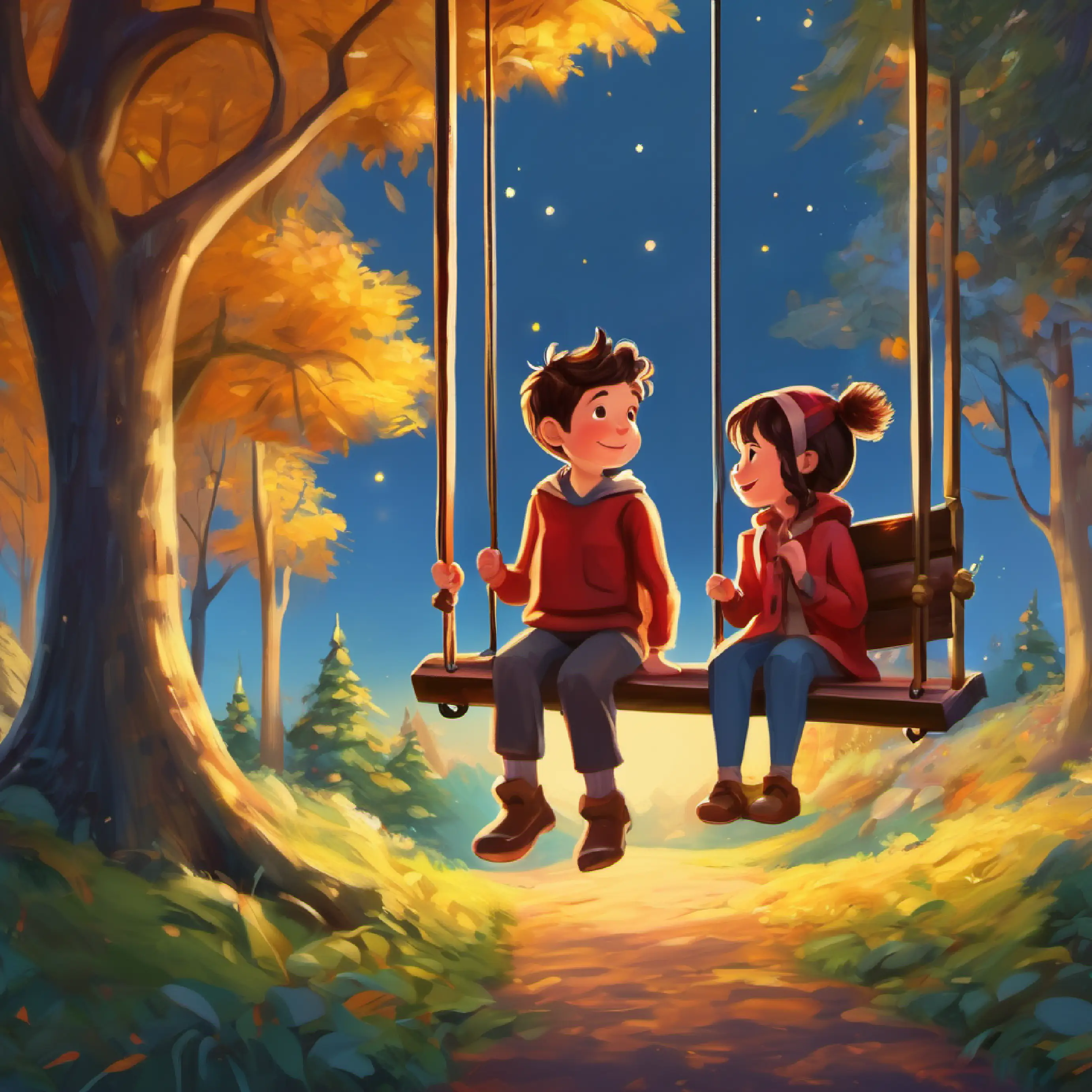 Ellie invites Sam to play on the swings together.