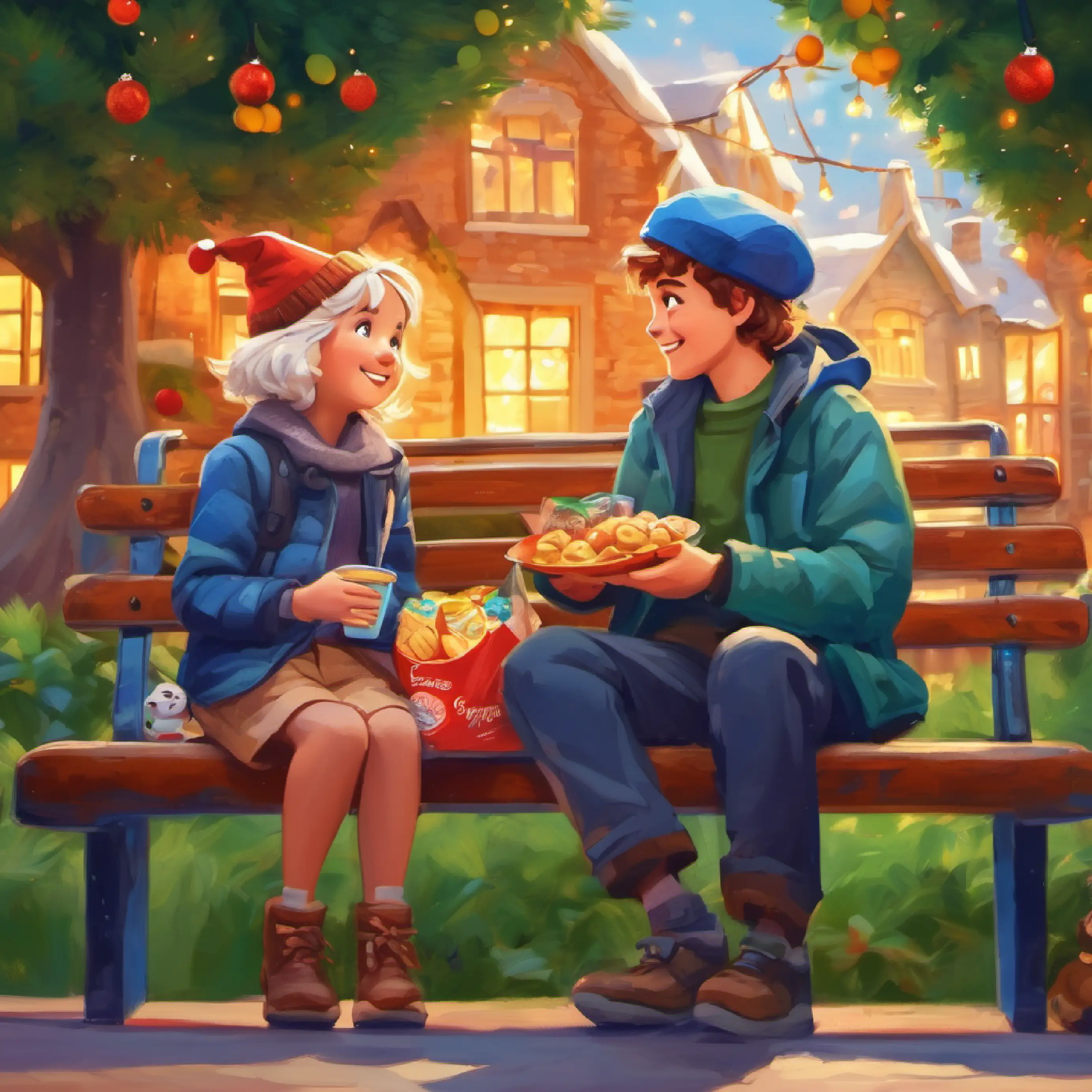 Ellie and Sam share snacks and stories on a bench.