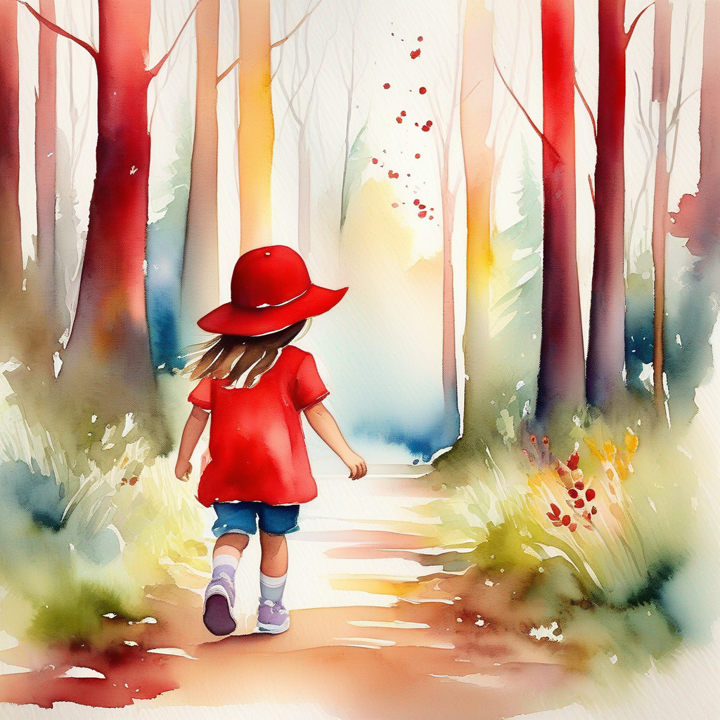 Little girl with brown hair wearing a red hat wearing a red hat, walking towards the colorful forest.