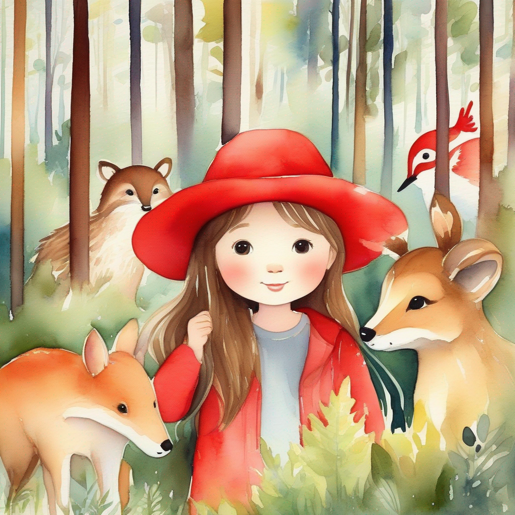 Little girl with brown hair wearing a red hat lost in the forest, surrounded by tall trees and cute animals.