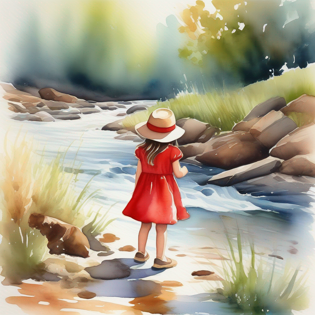 Little girl with brown hair wearing a red hat finding a river and feeling relieved.