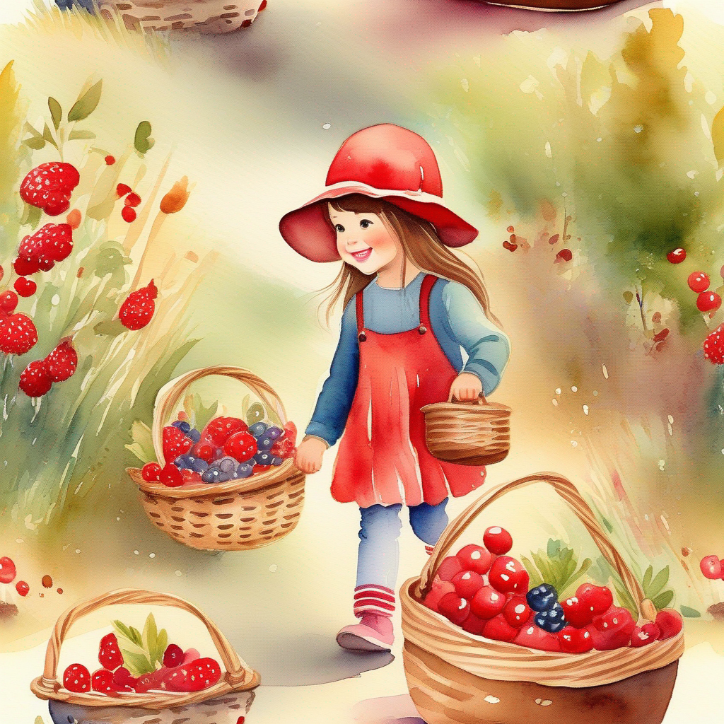 Little girl with brown hair wearing a red hat happily walking home with her basket of berries.