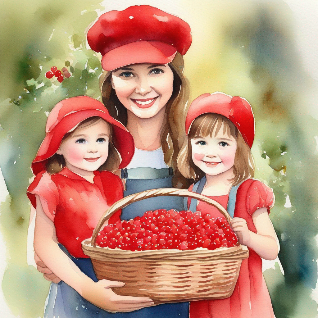 Little girl with brown hair wearing a red hat with her parents, wearing her red hat and holding the basket of berries.