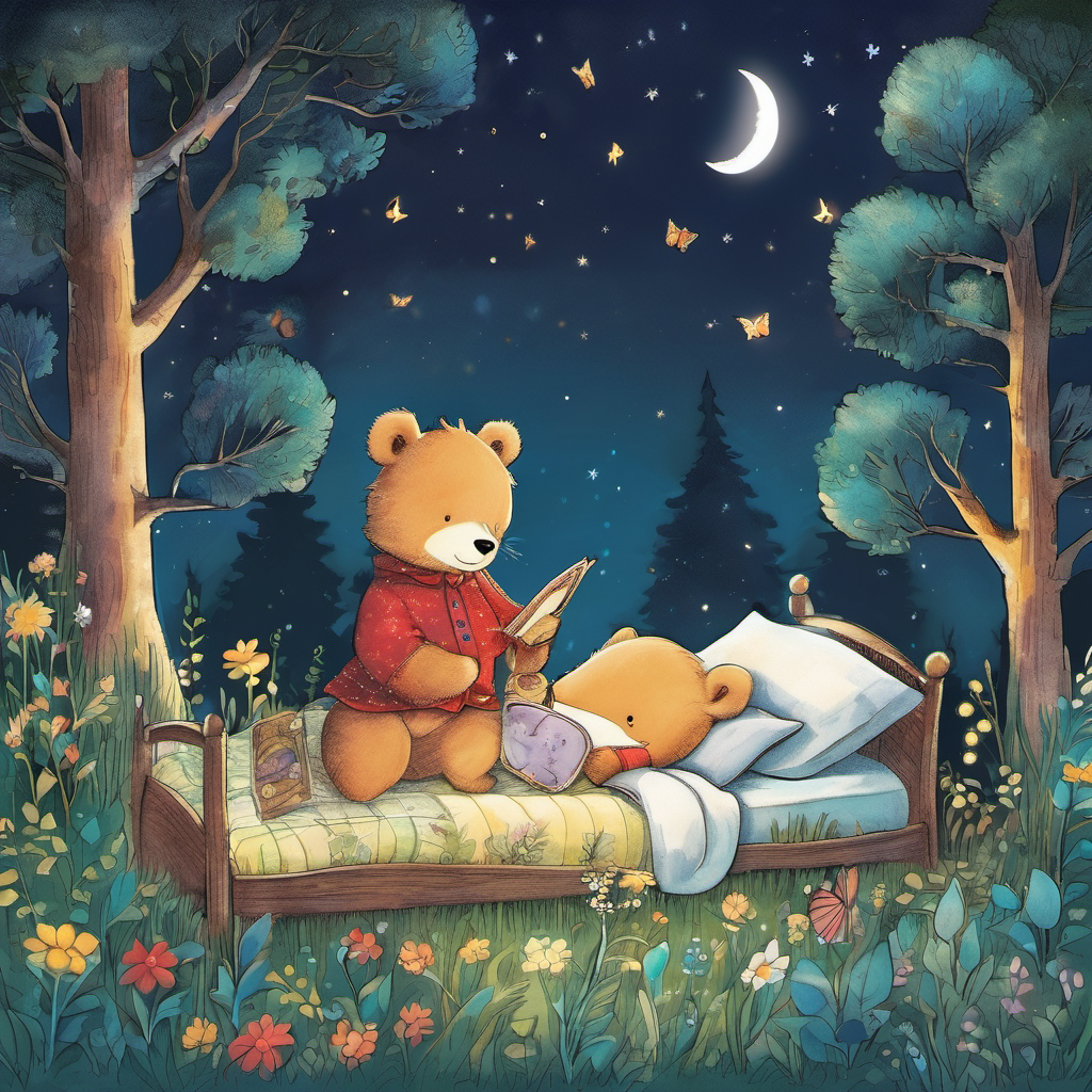 Once upon a time, in a cozy little forest, there lived a friendly bear named Benny. Benny loved to play all day with his forest friends, chasing butterflies and climbing trees. But when it was time to go to bed, Benny would sometimes find it hard to calm his busy mind. One beautiful evening, as the moon shone brightly in the sky, Benny's momma tucked him into bed. With a gentle smile, she said, "Benny, my dear, I have something magical to teach you tonight. It’s called Benny's Bedtime Breathing."