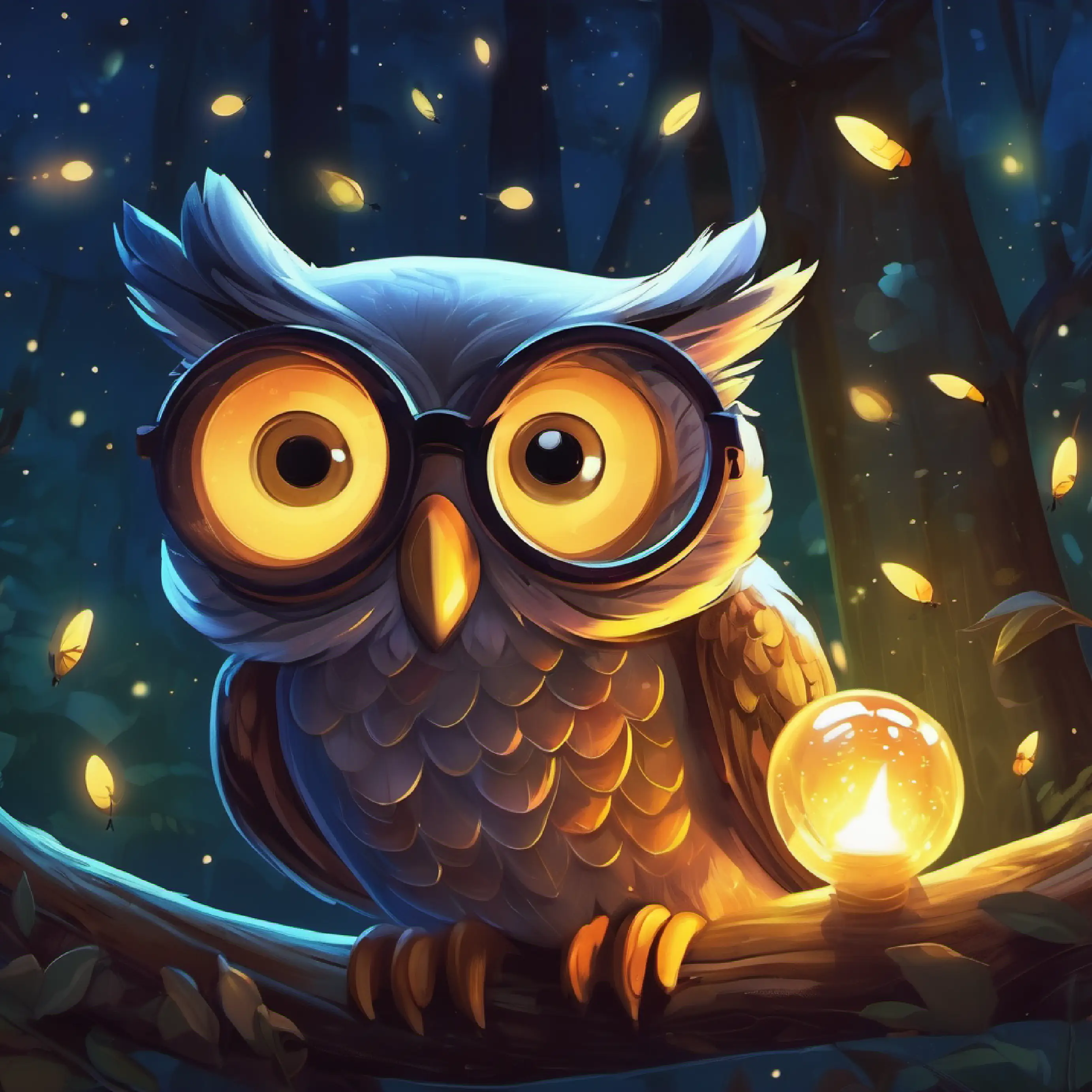 An owl with round glasses and twinkly eyes introduces cognitive restructuring among the fireflies.