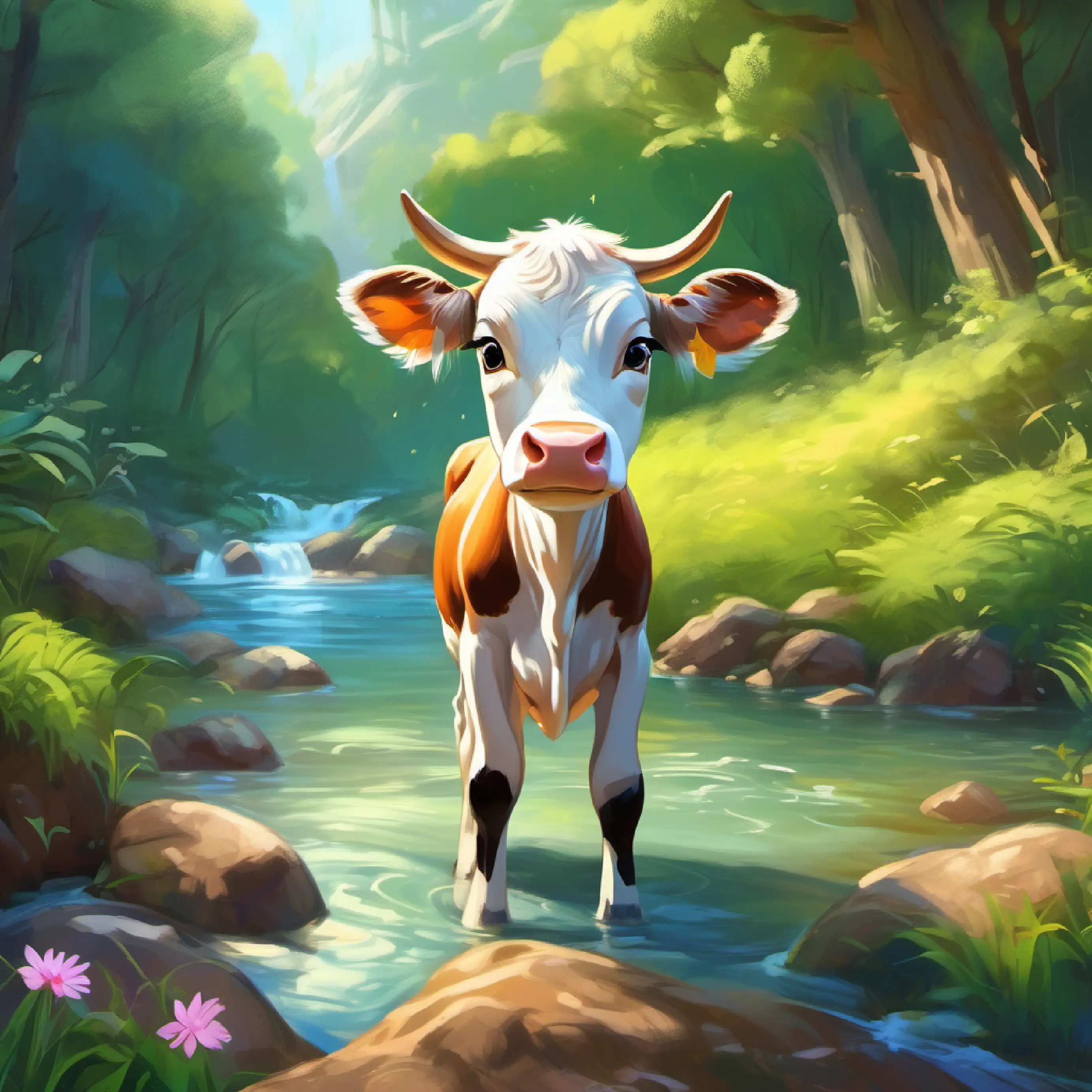 A young calf with wide, worried eyes learns relaxation techniques by a magical stream.