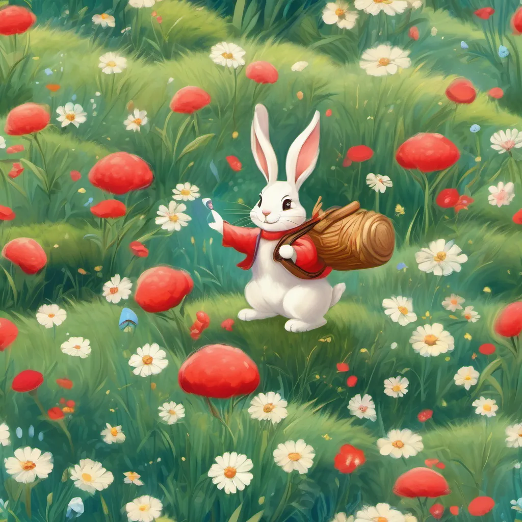 A whimsical meadow with a playful rabbit named A playful rabbit wearing a red hat and blue shoes, full of energy and curiosity, who is bouncy and full of energy.