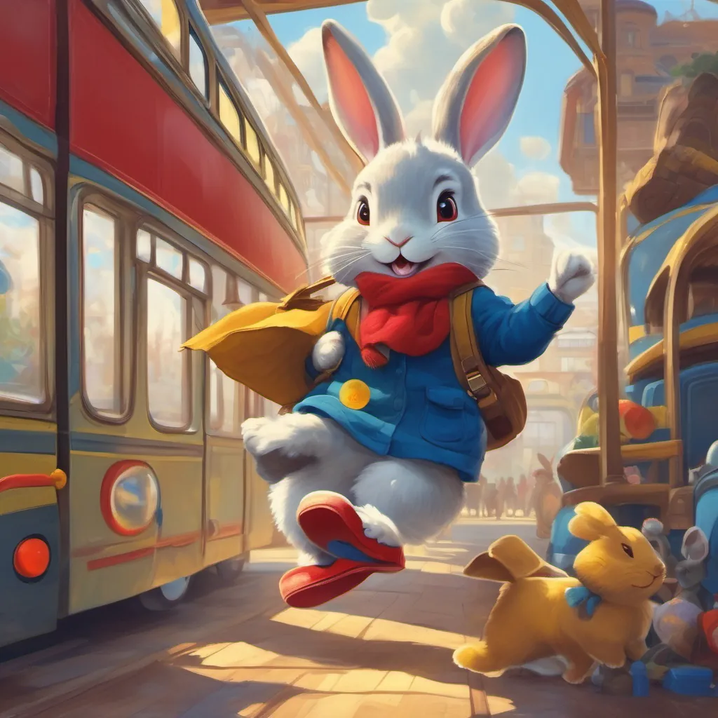 A playful rabbit wearing a red hat and blue shoes, full of energy and curiosity the rabbit with a red hat and blue shoes, looking at a big yellow bus with excitement and curiosity.