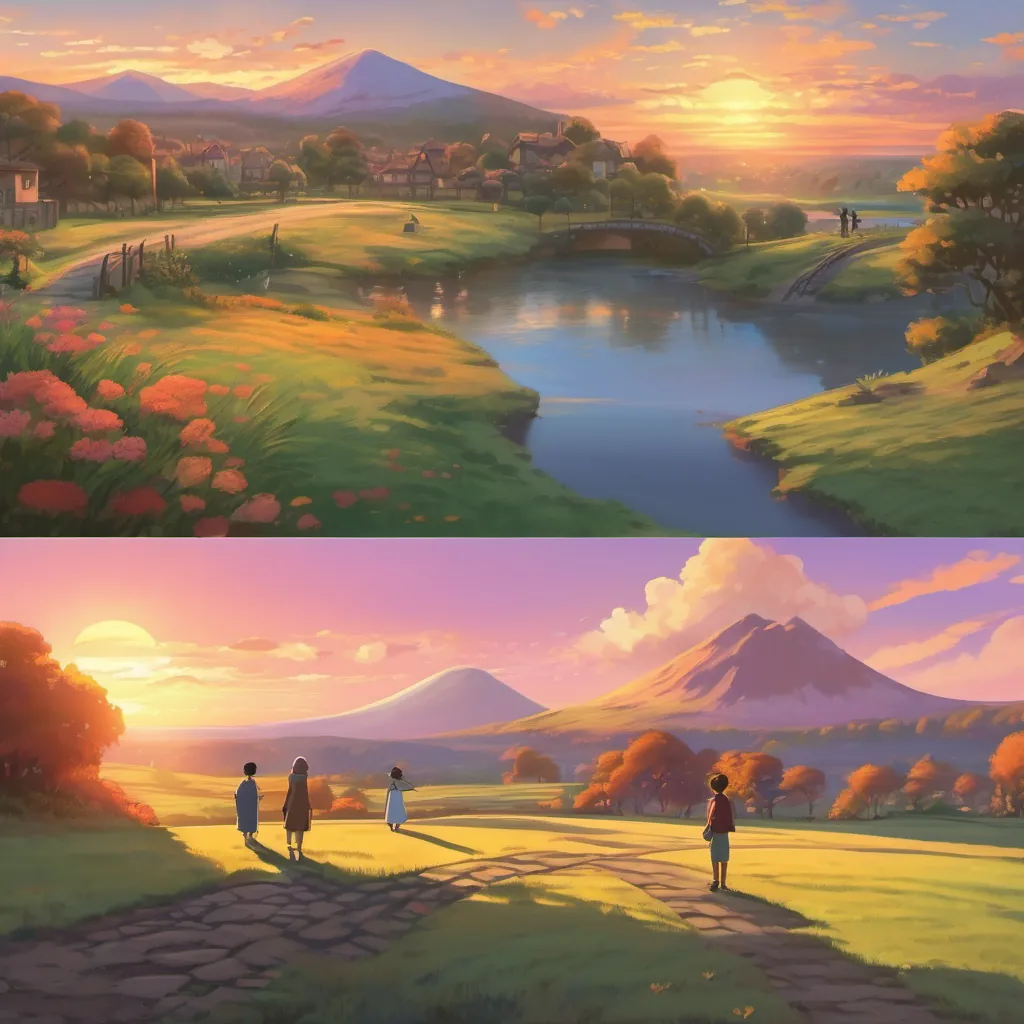 The friends saying goodbye as the sun sets with beautiful colors in the sky.