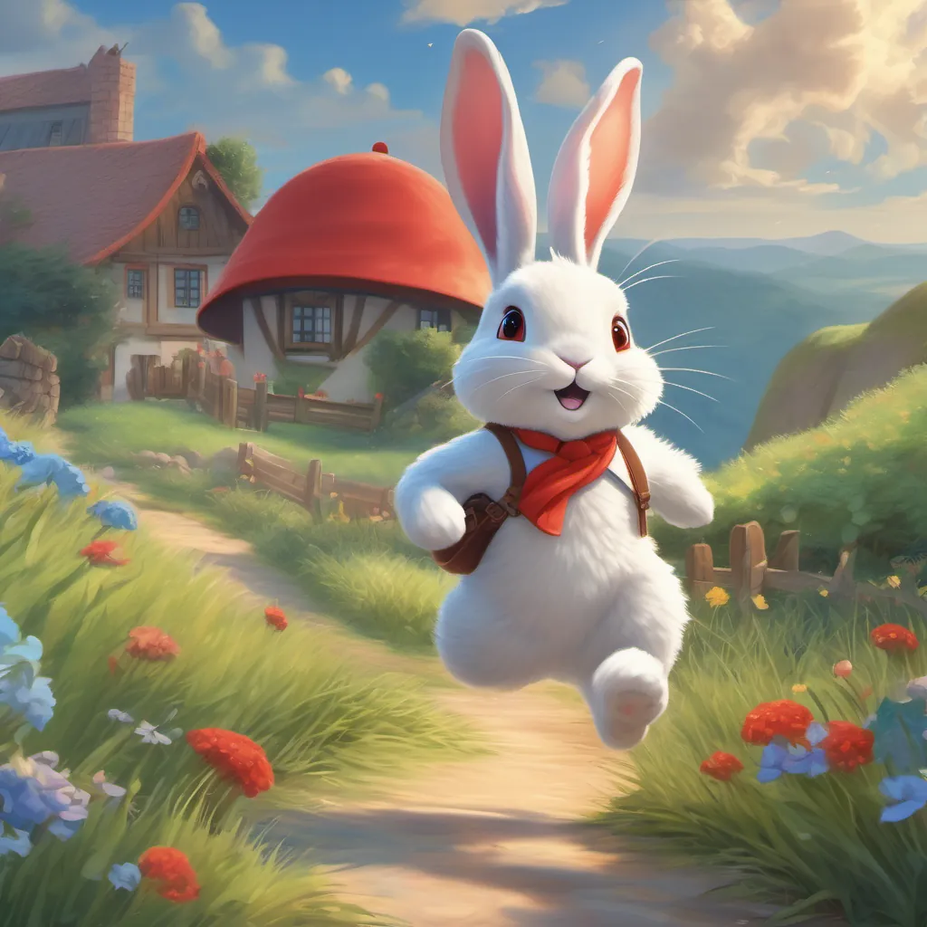A playful rabbit wearing a red hat and blue shoes, full of energy and curiosity happily bounding back home, reflecting on the wonderful day he had with his new friends under a beautiful, calm sky.