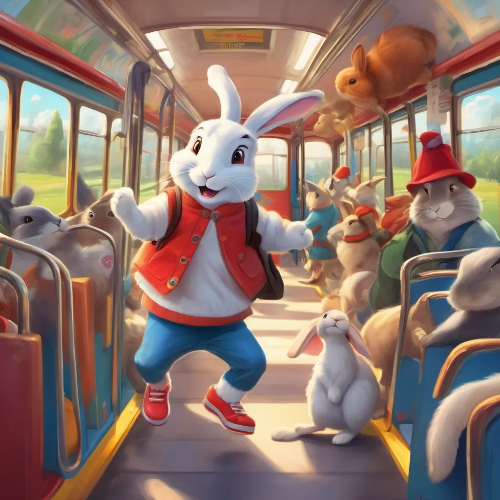 A playful rabbit wearing a red hat and blue shoes, full of energy and curiosity hopping energetically onto a bus that is honking loudly, with other animals on the bus.