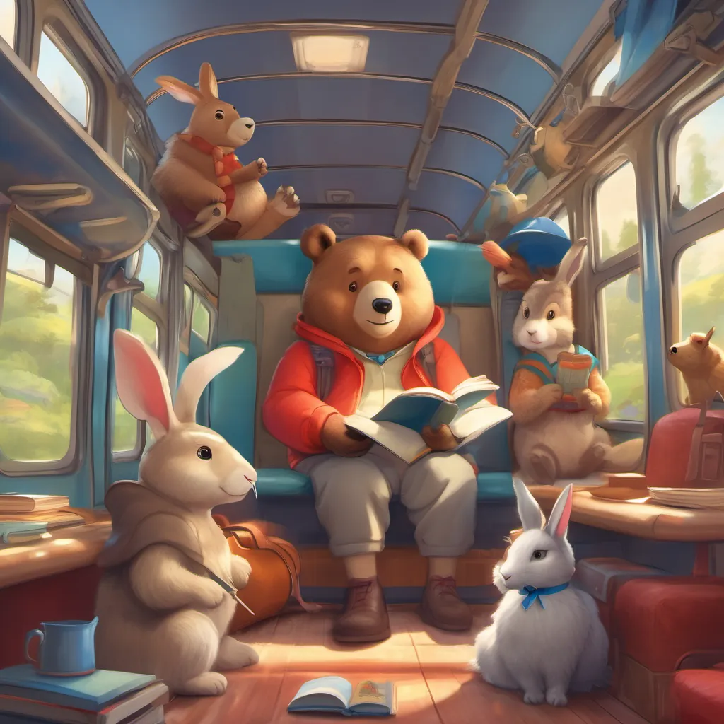Inside the bus filled with animal passengers - a bear reading a book, a goose sitting with its gander, and A playful rabbit wearing a red hat and blue shoes, full of energy and curiosity observing them with curiosity.