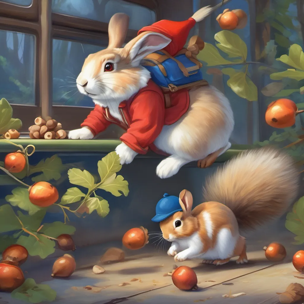 A playful rabbit wearing a red hat and blue shoes, full of energy and curiosity making room on the bus for A neat squirrel munching on acorns and ready for adventure the squirrel, who is munching on acorns and looking very neat.