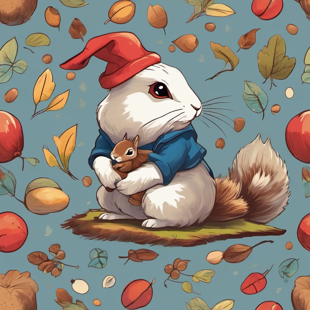 A playful rabbit wearing a red hat and blue shoes, full of energy and curiosity asking A neat squirrel munching on acorns and ready for adventure where they are headed, with A neat squirrel munching on acorns and ready for adventure striking a dramatic pose while munching on acorns.