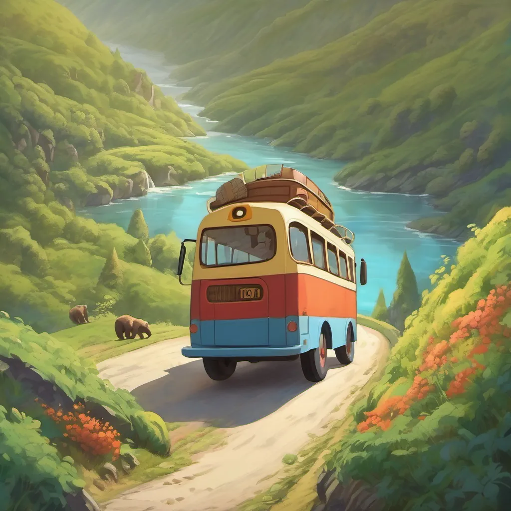 The bus traveling over hills and through deep valleys, with the bear warning everyone to hold on tight.