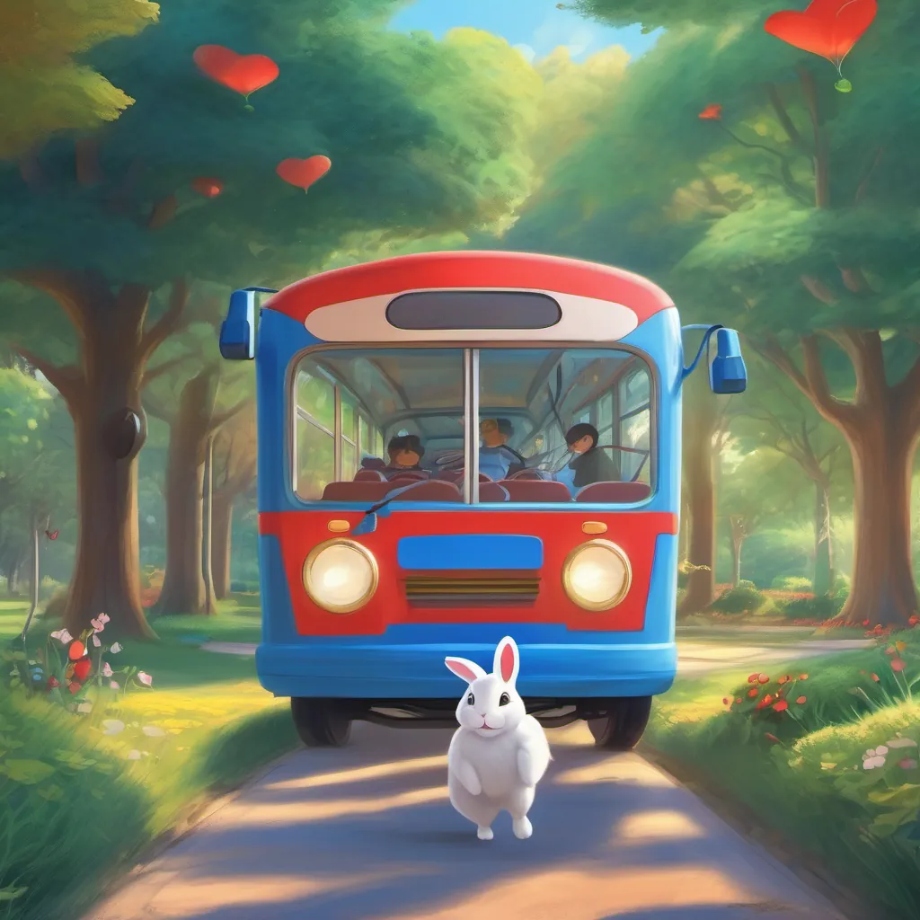 The bus arriving at the park, causing A playful rabbit wearing a red hat and blue shoes, full of energy and curiosity to feel a quick and excited heartbeat.