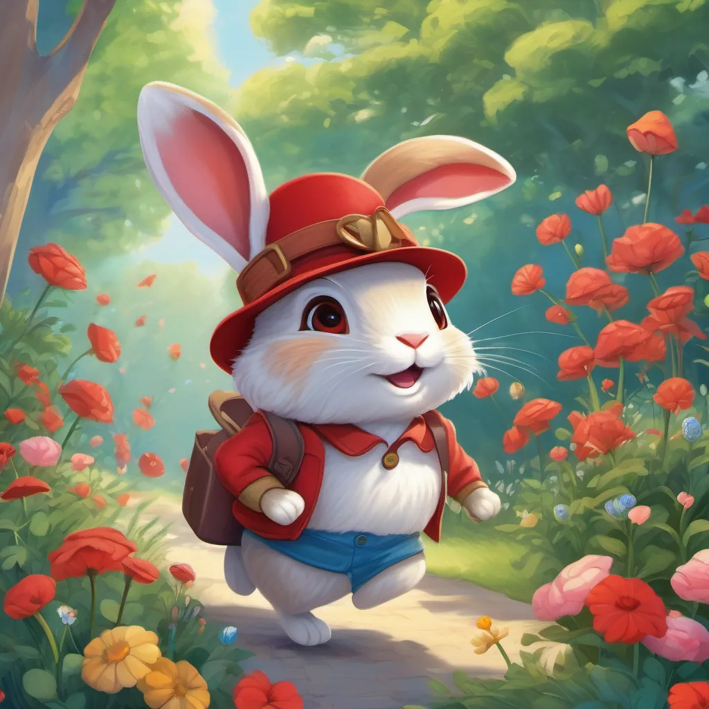 A playful rabbit wearing a red hat and blue shoes, full of energy and curiosity hopping off the bus into a beautiful and grand park with tall flowers, excited to begin his adventure.