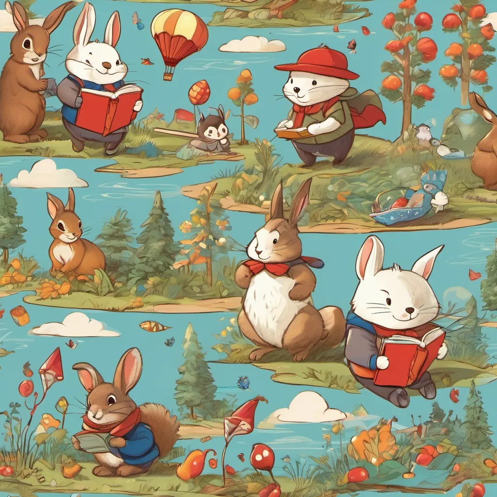 A playful rabbit wearing a red hat and blue shoes, full of energy and curiosity, along with A neat squirrel munching on acorns and ready for adventure, A bear reading a book, wise and caring, and A goose accompanied by a gander, friendly and curious, flying kites and enjoying the sunny park together while making new friends.