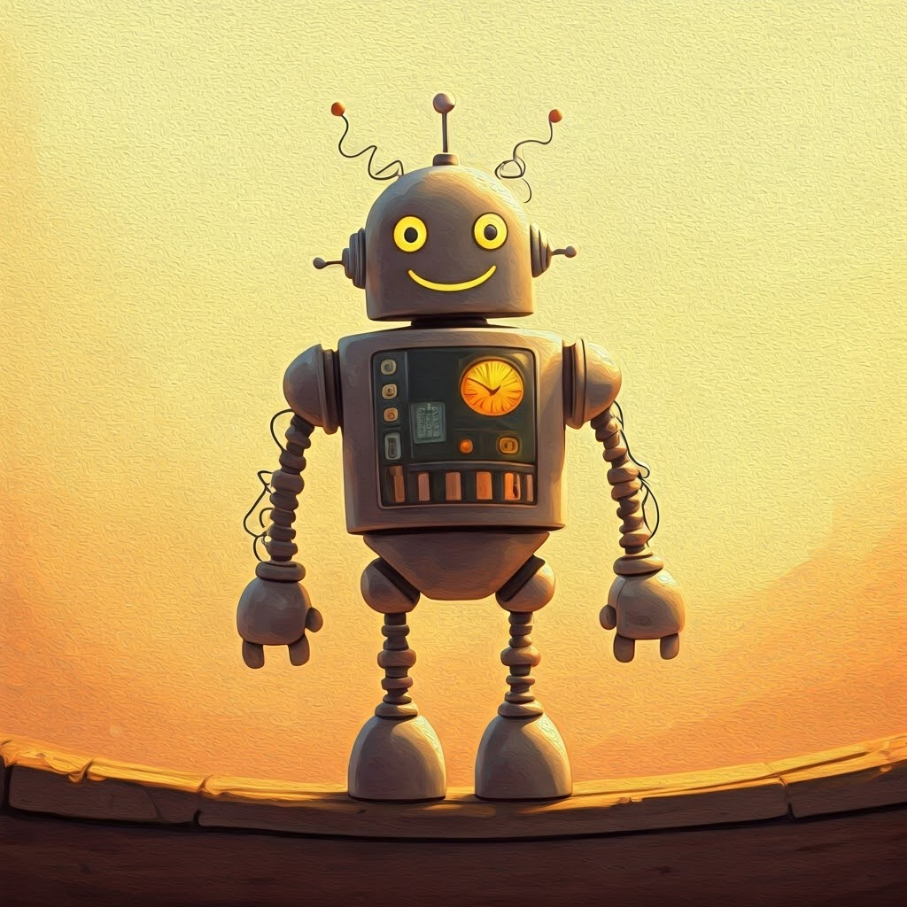 cartoon robot with sprockets for smiles and wires for wiggles