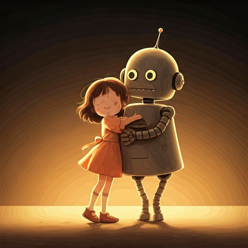 a happy little girl hugging a happy robot