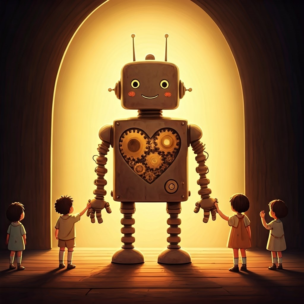 a happy robot with a heart made of gears and wires, surrounded by children