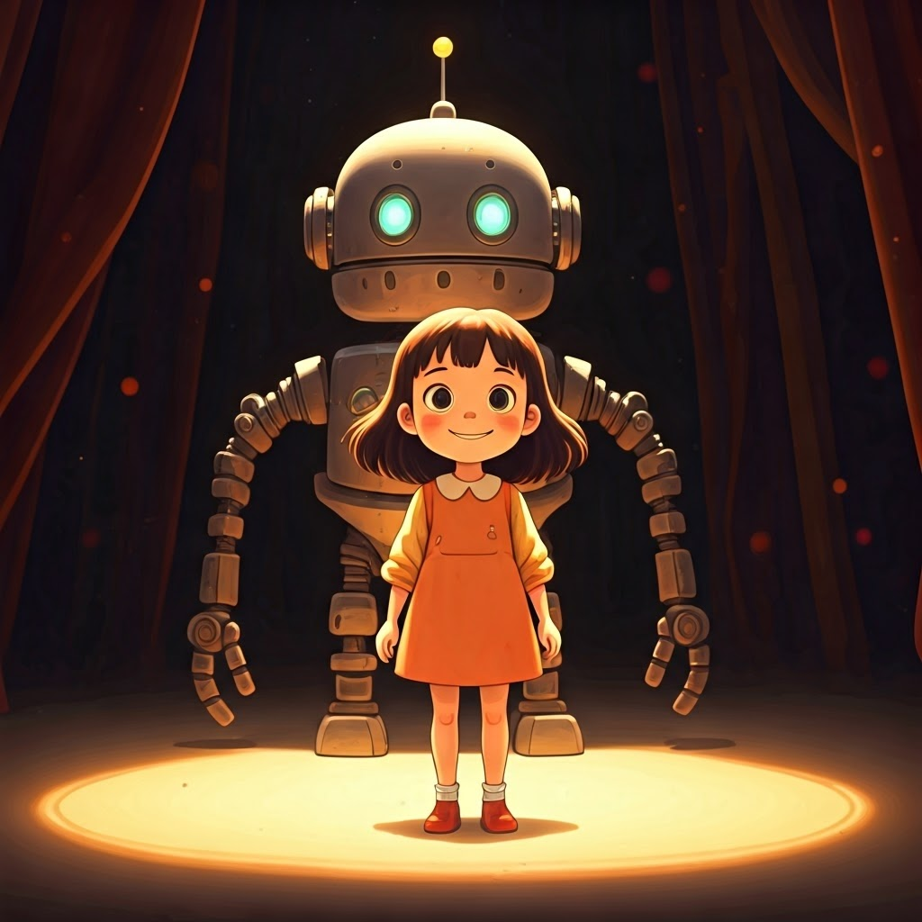 a little girl with bright eyes and a big smile, standing in front of a friendly robot