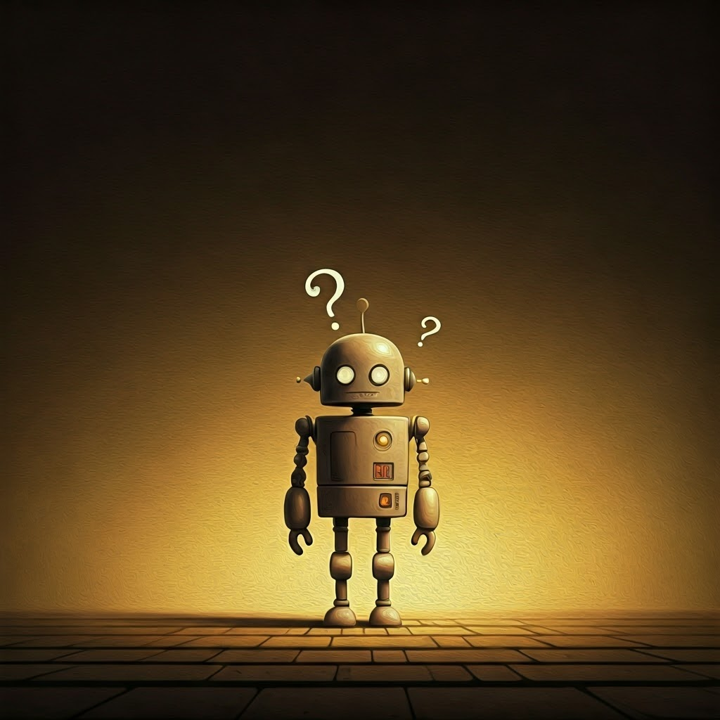 a confused robot with question marks above his head