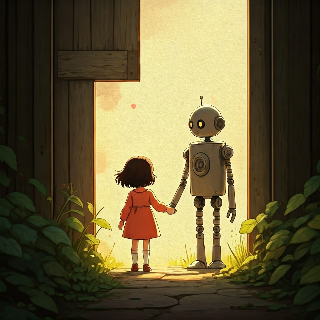 a cheerful little girl holding a robot's hand