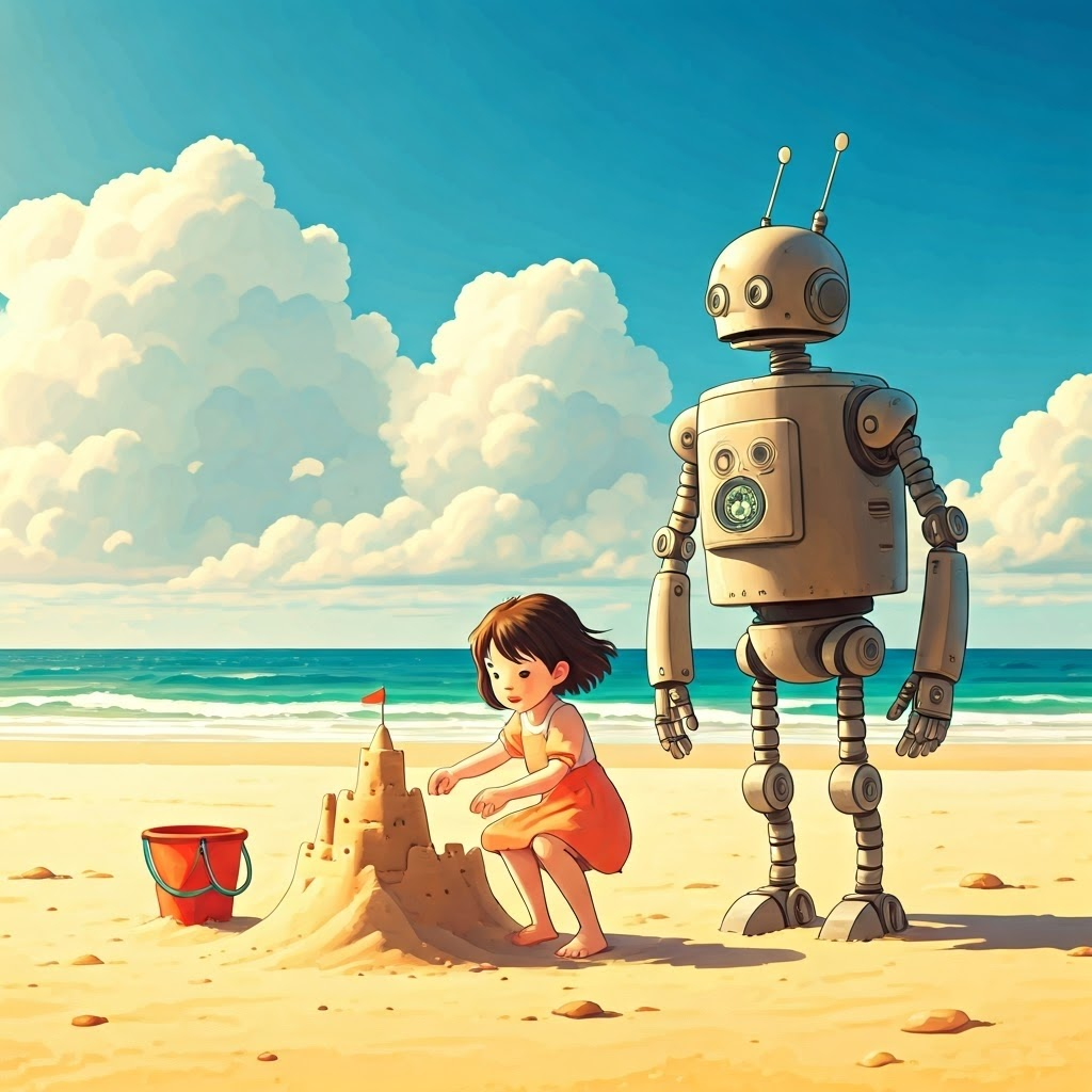 a little girl and a robot building a sandcastle on a sunny beach