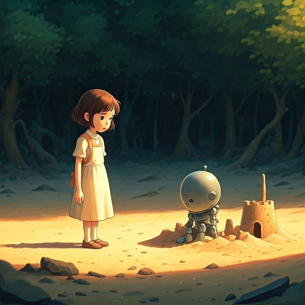 a sad little girl and a sad robot looking at their crumbled sandcastle