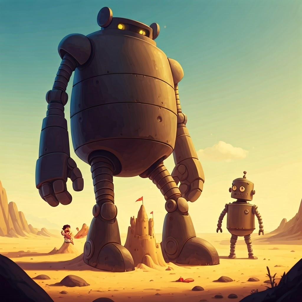 a big mean robot stomping on a sandcastle, an angry little girl and a frustrated robot beside it