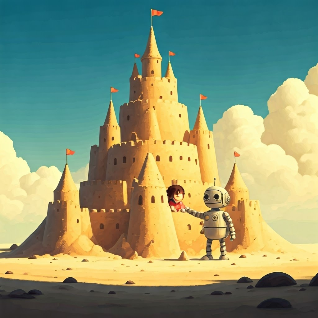 a little girl and a robot building an even bigger and better sandcastle, happy together