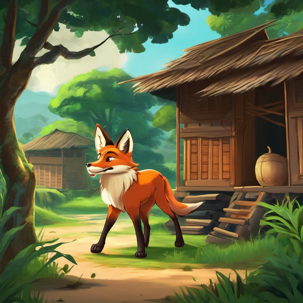 Once upon a time, in a beautiful village in Bangladesh, there lived a clever fox named Shayal. Shayal was known for his intelligence and mischievous nature. One day, Shayal was wandering near the village fairgrounds when he noticed an old lady named Nani Buri struggling to set up a stall. She was a kind-hearted woman who sold traditional crafts made by villagers. Curiosity sparked within Shayal, and he decided to offer his assistance to Nani Buri. "Excuse me, Nani Buri. Can I help you set up your stall?" Shayal asked with a mischievous grin.