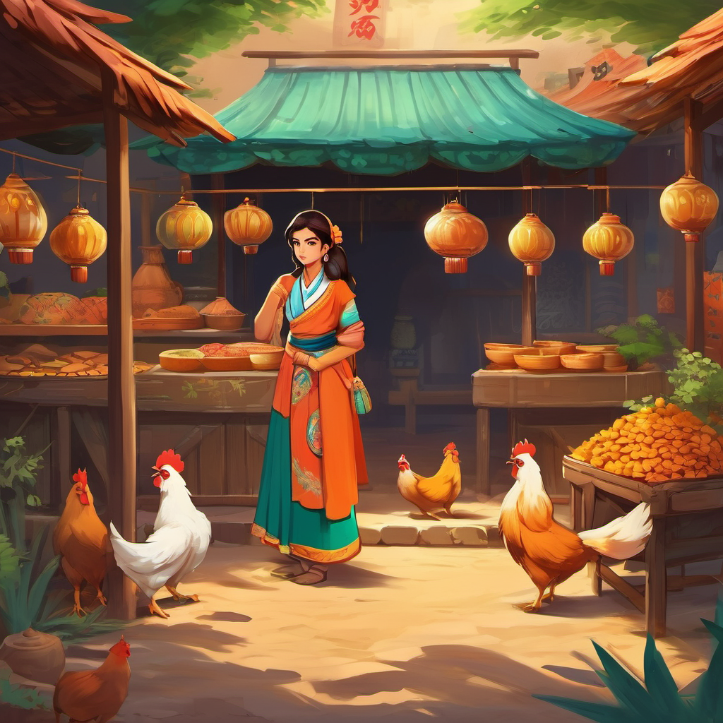 Nani Buri was taken aback, as she had always heard that foxes were cunning and sly. However, she decided to give Shayal a chance, and together, they started setting up the stall. They arranged colorful pottery, handmade jewelry, and beautiful traditional clothes. Just as they were finishing, a group of chickens named Murgi came running into the fairgrounds. They were in search of their friend, Garm Bashi, who was supposed to set up a food stall. Garm Bashi was nowhere to be found, and the chickens were worried.