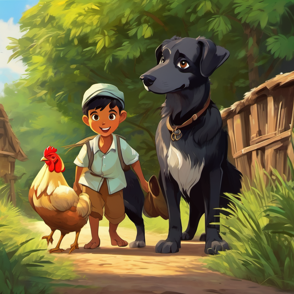 As soon as they saw Shayal and Nani Buri, the chickens approached them for help. Shayal, being clever as ever, knew that helping others would bring joy to everyone. So, he dashed through the village, searching for Garm Bashi. Meanwhile, a young boy named Khokon was walking with his big, black dog named Kalu. Khokon was kind-hearted, just like Shayal, and loved animals. He noticed the worried expression on Shayal's face and asked, "What's wrong, Mr. Fox?"