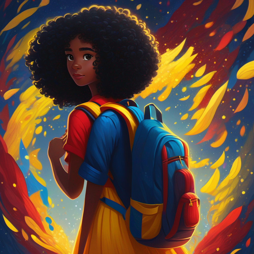 Lianne - dark skin, curly black hair, adventurous spirit wearing red and yellow dress, sparkly blue backpack
