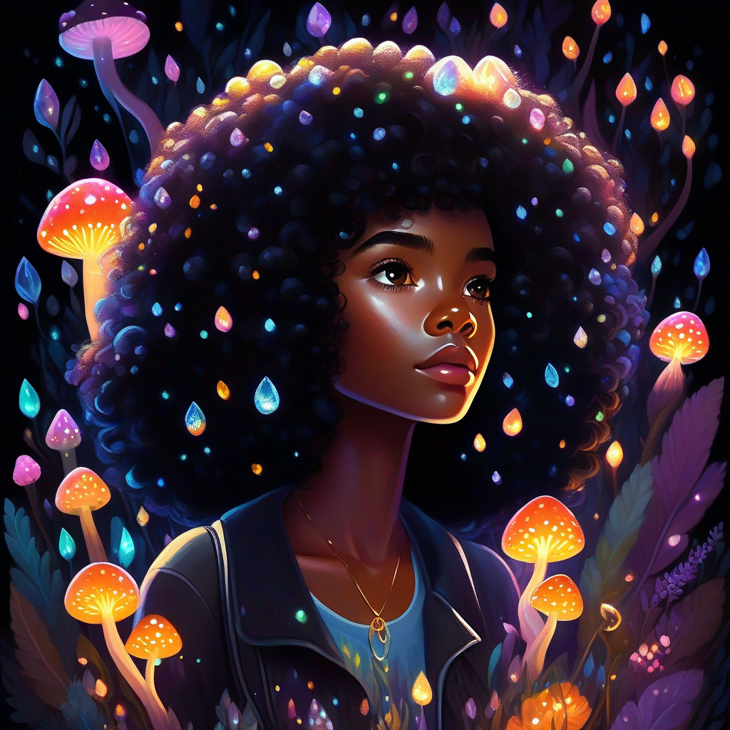 Lianne - dark skin, curly black hair, adventurous spirit surrounded by sparkling crystals, glowing mushrooms